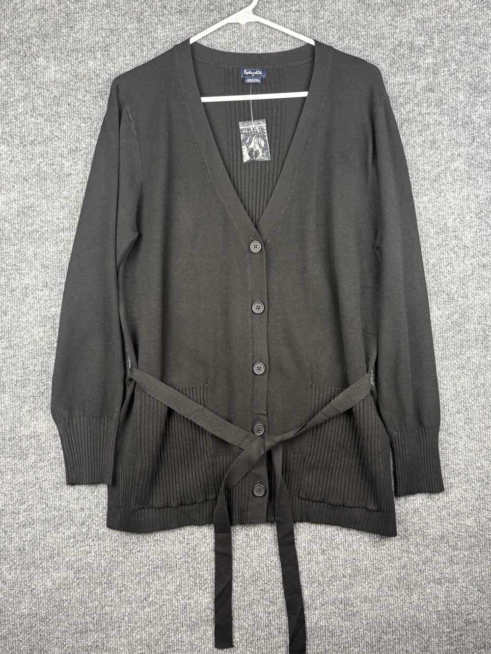 Splendid Women's Belted Button Front Long Sleeve Cardigan, Black, Medium New
